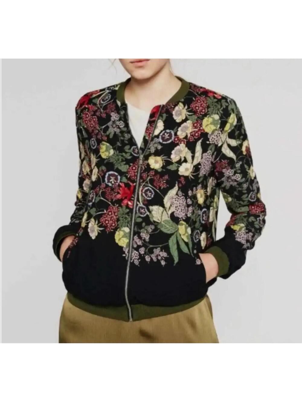 ZARA Trf Outerwear Floral Bomber Jacket // Dark Boho Whimsigoth Olive Green [S]